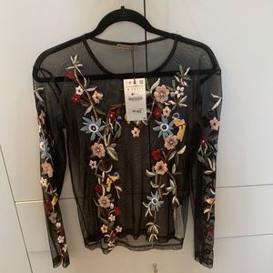 Black mesh long sleeve with embroidery top